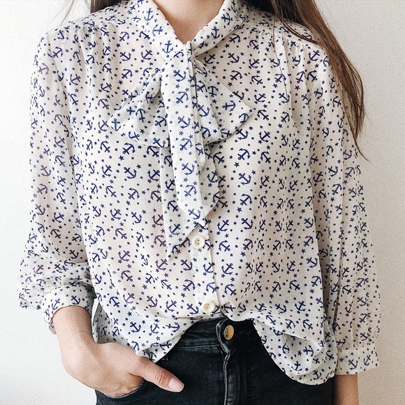 Anchor Nautical Print Tie Neck Button Up Blouse - Picture 2 of 3